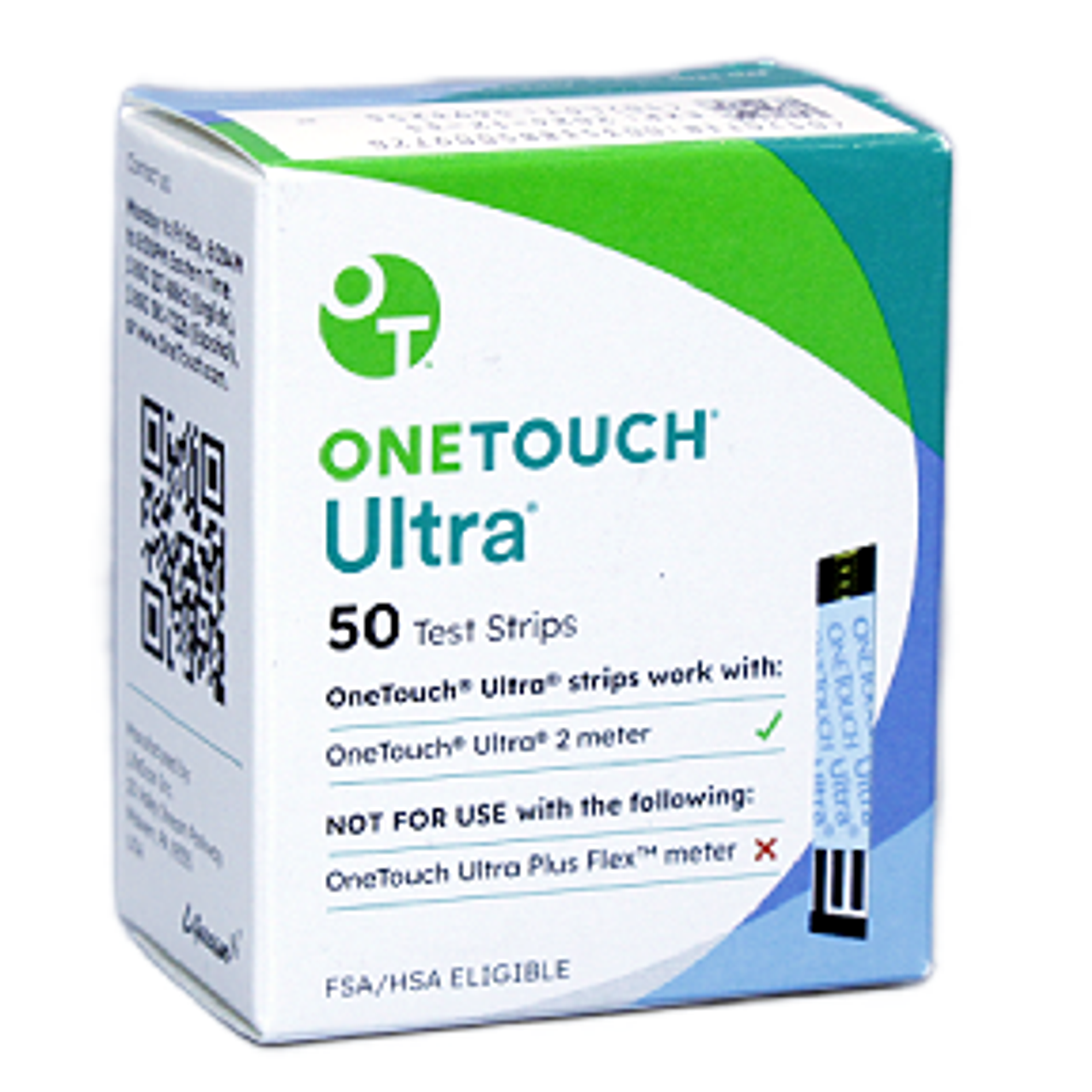 alt="One Touch Ultra Blue blood glucose test strips 50-count box with Ultra 2 meter"