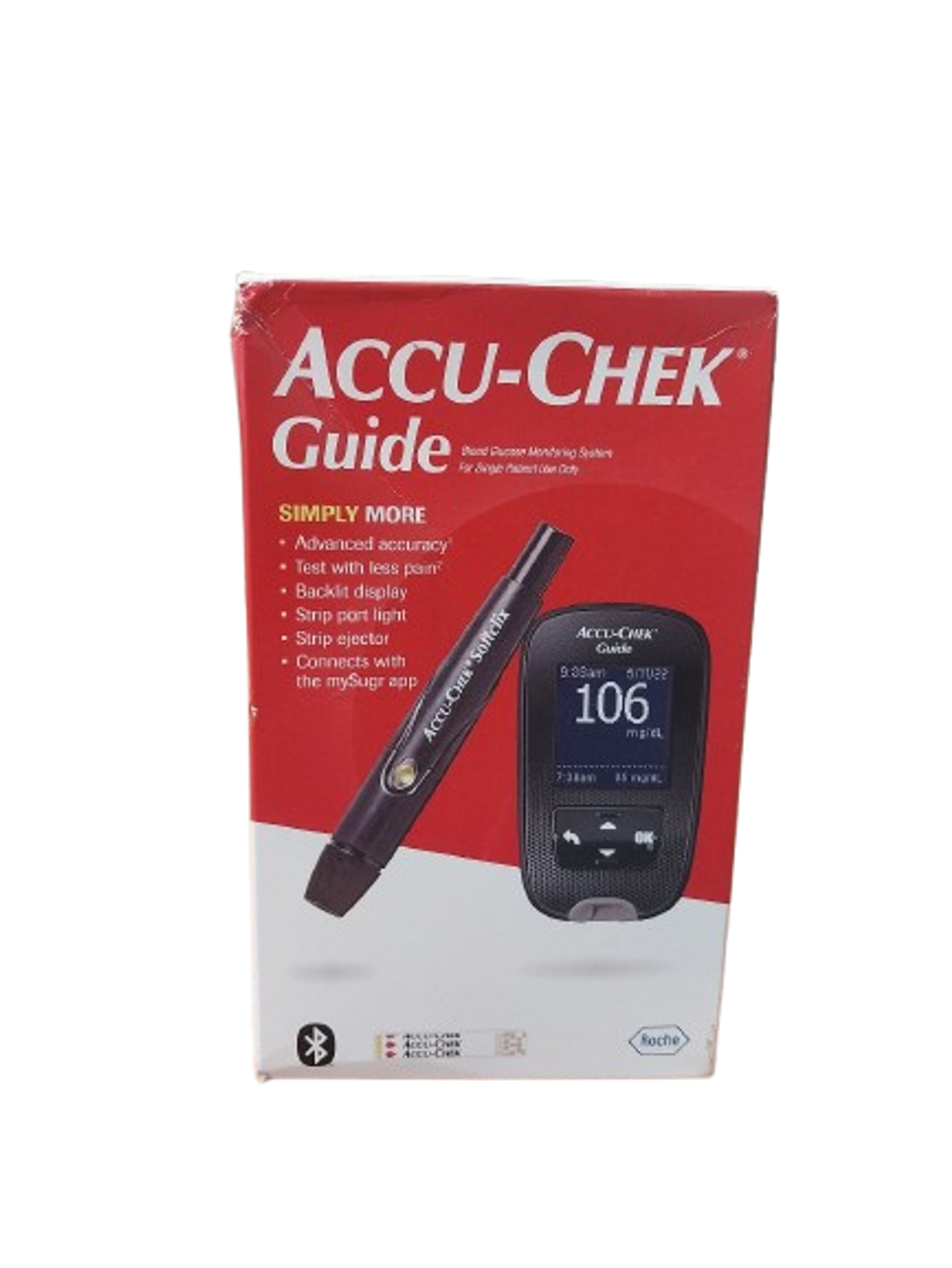 Accu‑Chek Guide blood glucose meter with strip port light and clear LCD screen