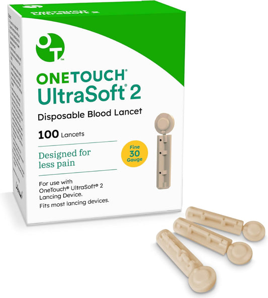 One Touch UltraSoft Lancets 100-count box with 28-gauge needles for pain-free glucose testing