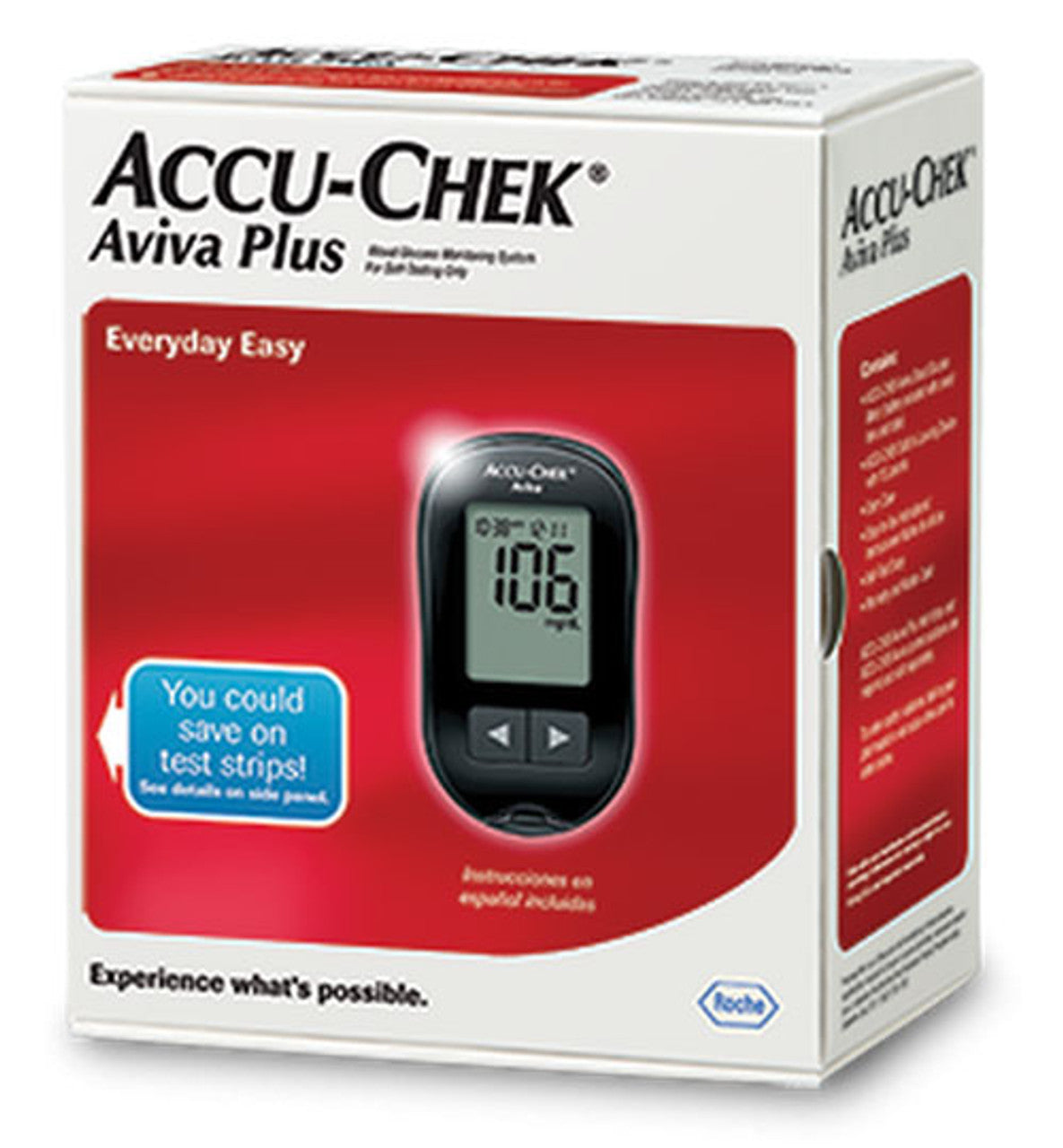 Accu‑Chek Aviva Plus glucose meter showing reading “106” on LCD display