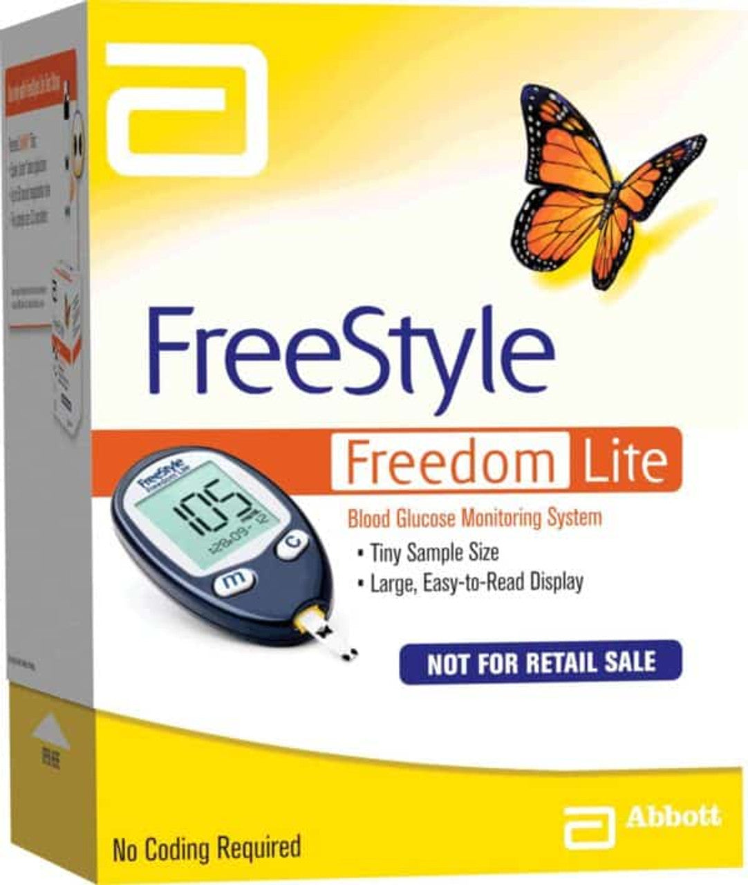 FreeStyle Freedom Lite blood glucose meter with large screen and test strip inserted