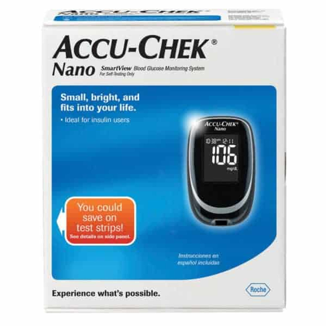 Accu‑Chek Nano glucose meter with compact design and digital display showing glucose reading